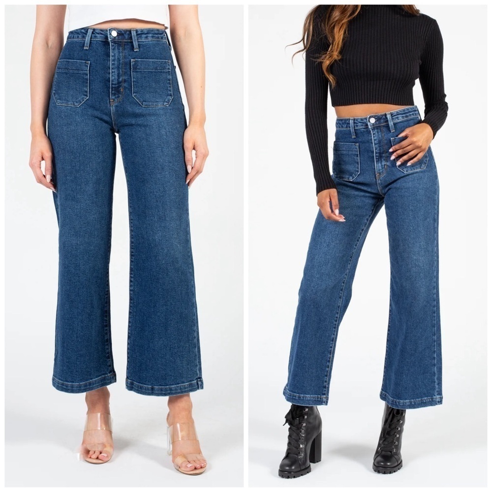 Just Black Denim Utility Patch Pocket Wide Leg Cropped Dark Stretch Denim Jeans